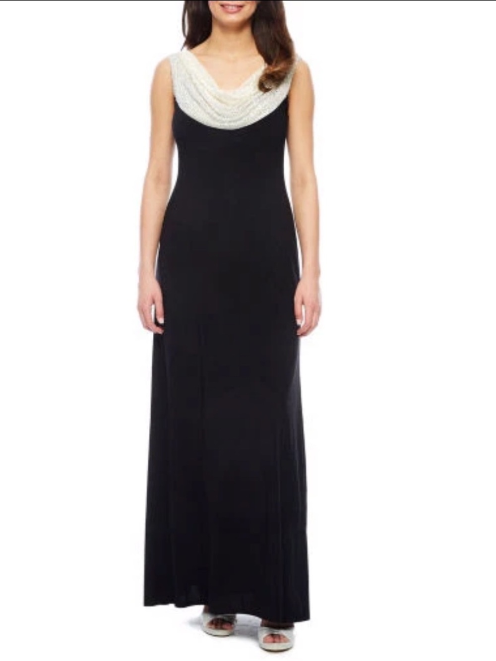Jackie Jon Contrast Cowl Neck Embellished Formal Maxi Dress in Black & Ivory 12